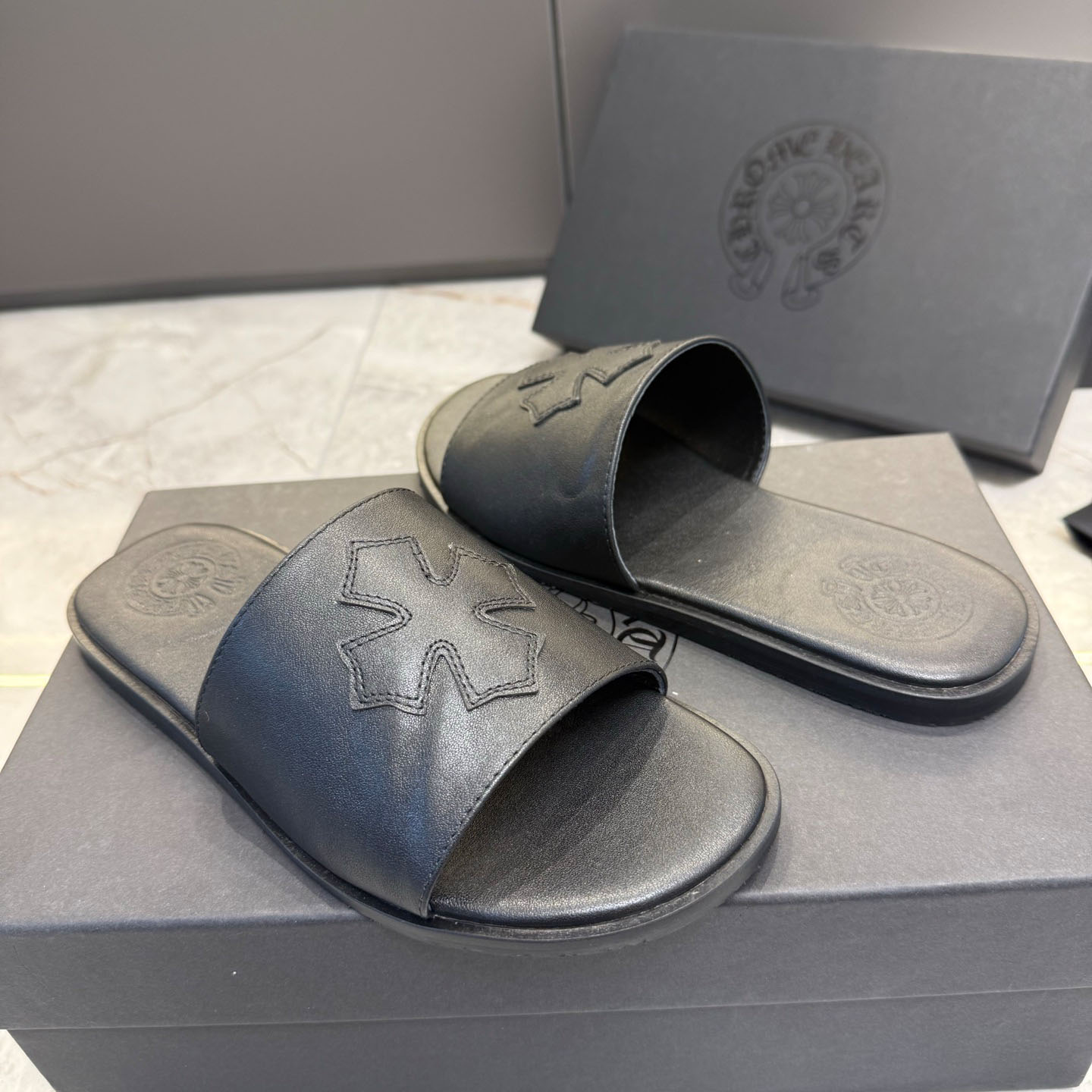 Chrome Hearts Black Leather Plus Slides / Sandals / Slippers - DopestKickz