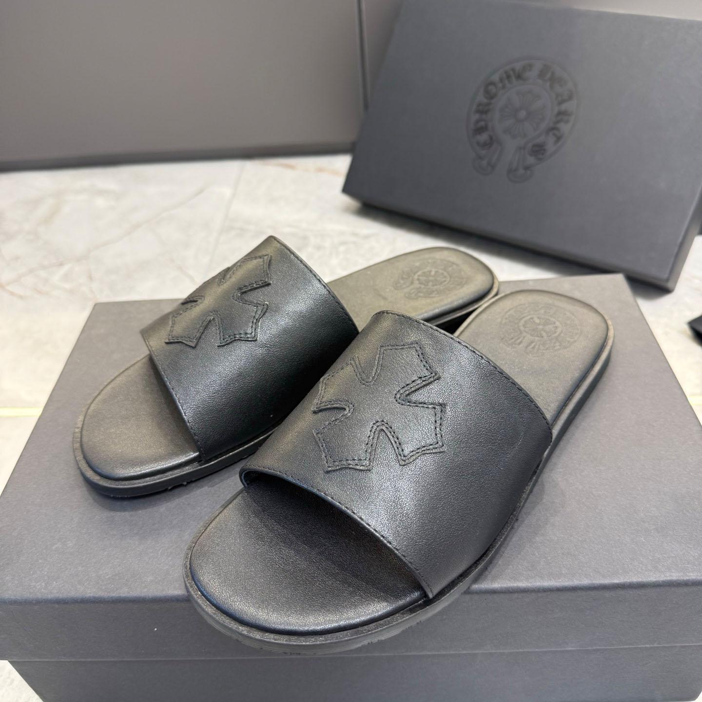 Chrome Hearts Black Leather Plus Slides / Sandals / Slippers - DopestKickz