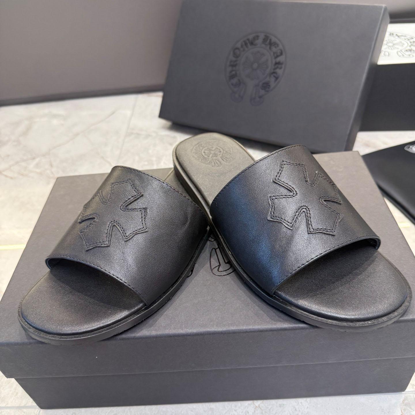 Chrome Hearts Black Leather Plus Slides / Sandals / Slippers - DopestKickz