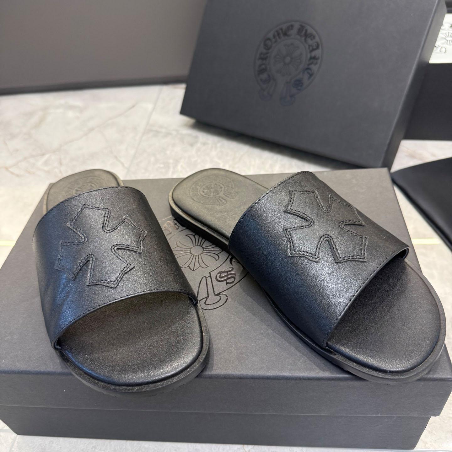 Chrome Hearts Black Leather Plus Slides / Sandals / Slippers - DopestKickz