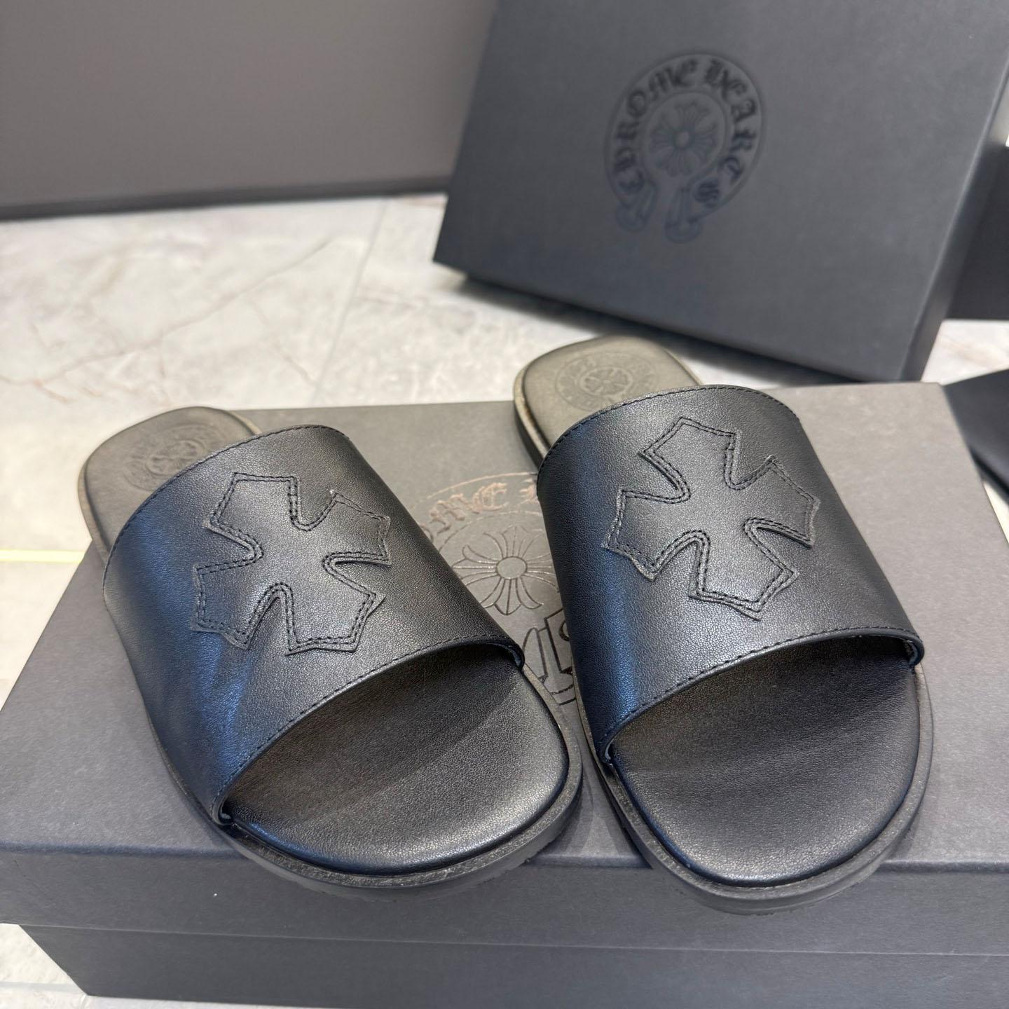 Chrome Hearts Black Leather Plus Slides / Sandals / Slippers - DopestKickz