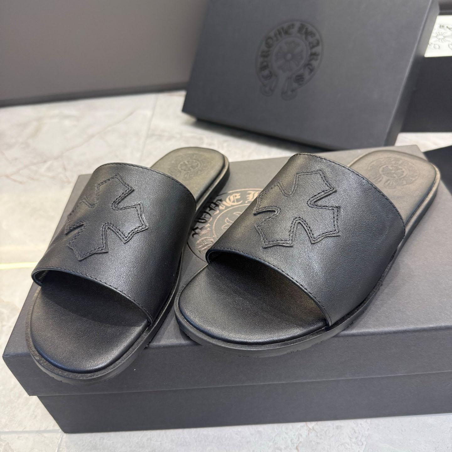 Chrome Hearts Black Leather Plus Slides / Sandals / Slippers - DopestKickz