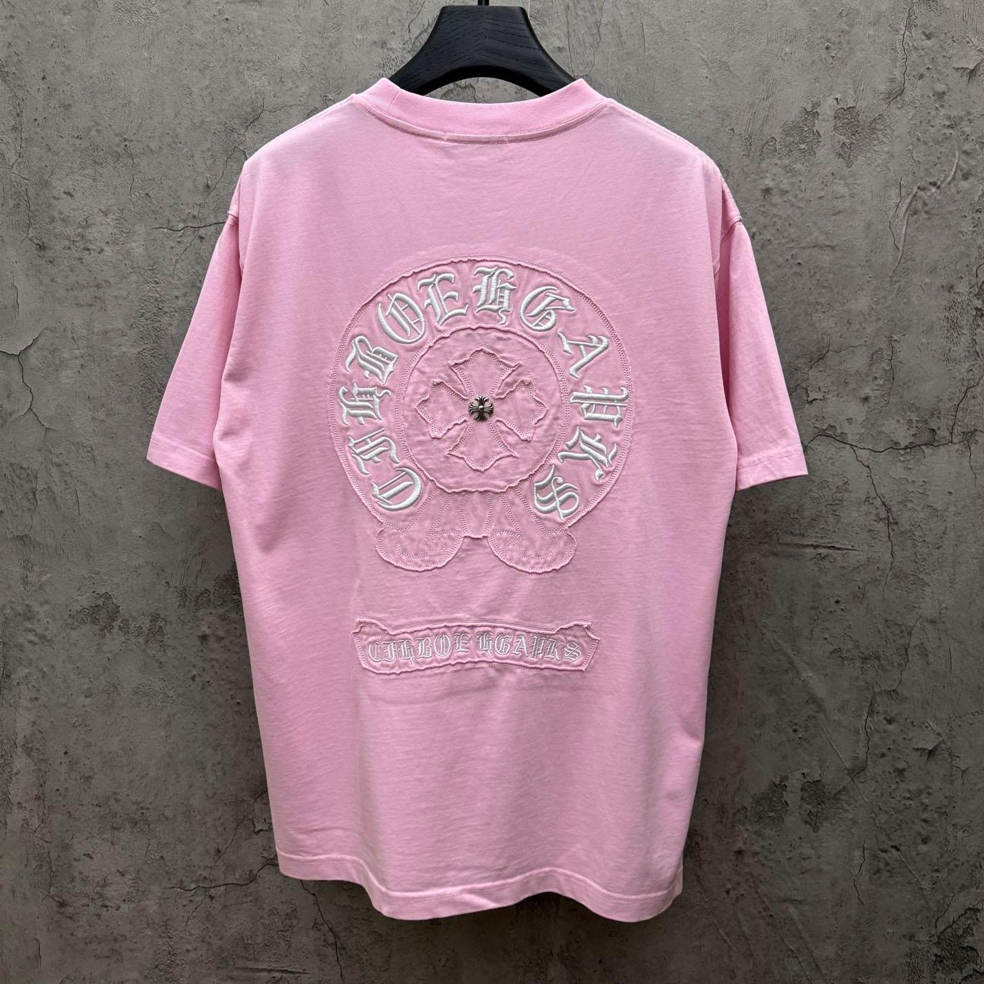 Chrome Hearts Pink Sanskrit Horseshoe Embroidered  T-Shirt - DopestKickz