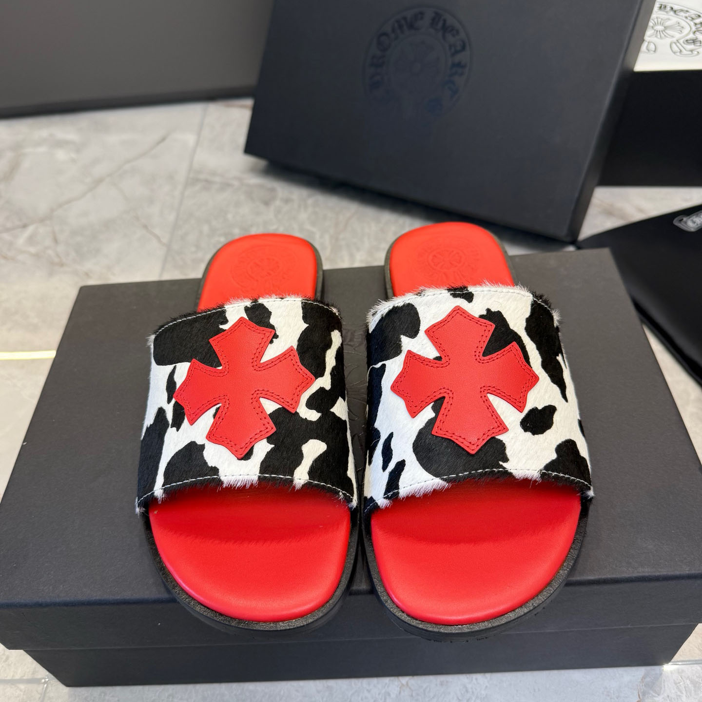 Chrome Hearts Cross Patch Cow Slides - DopestKickz