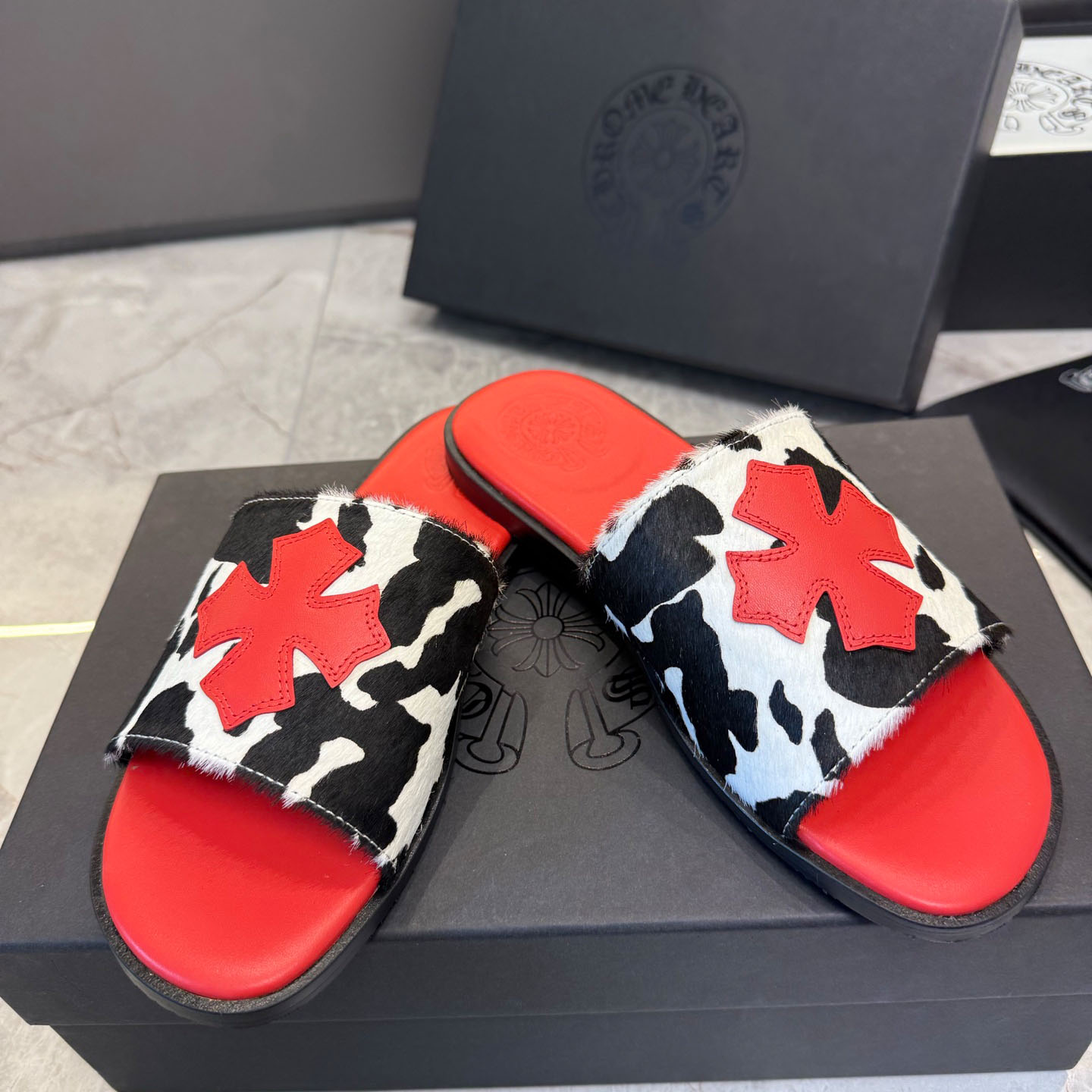 Chrome Hearts Cross Patch Cow Slides - DopestKickz
