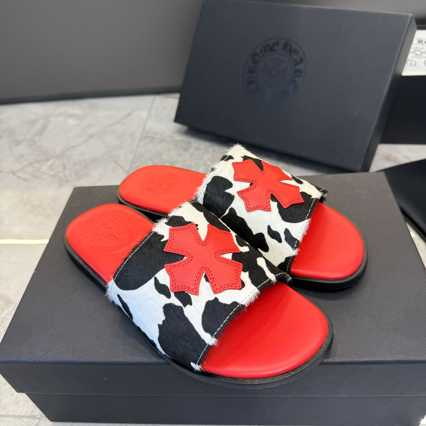 Chrome Hearts Cross Patch Cow Slides - DopestKickz