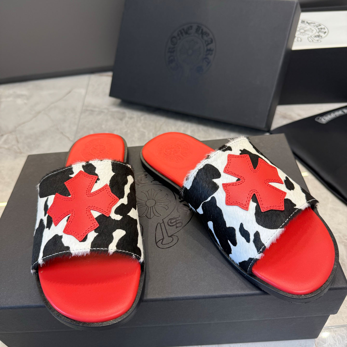 Chrome Hearts Cross Patch Cow Slides - DopestKickz