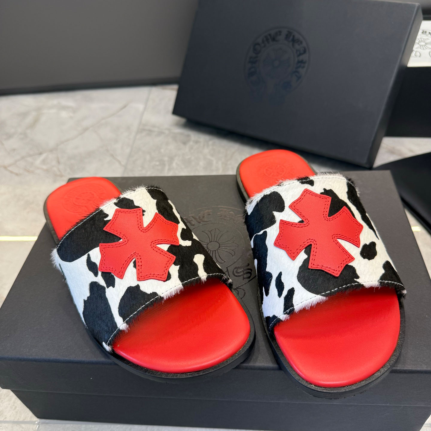 Chrome Hearts Cross Patch Cow Slides - DopestKickz