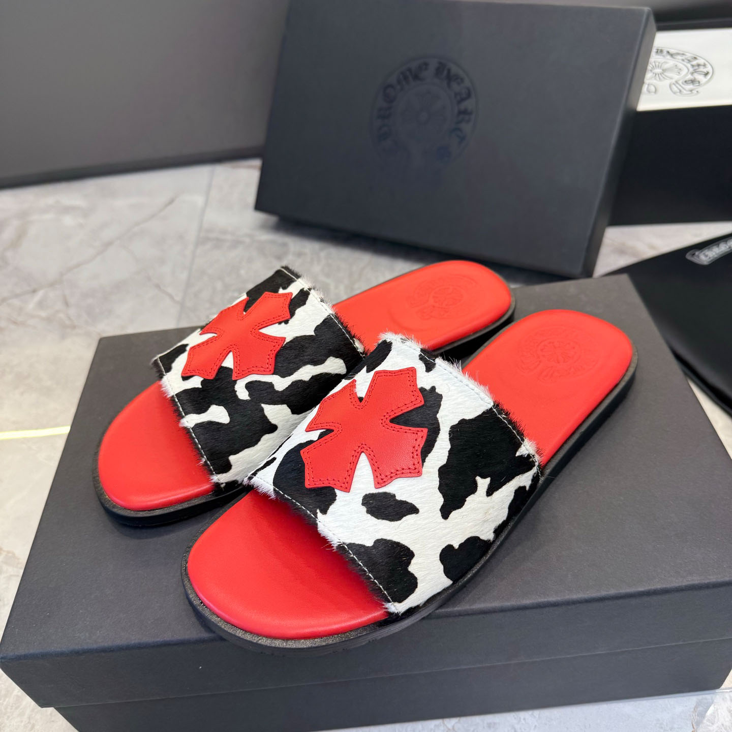 Chrome Hearts Cross Patch Cow Slides - DopestKickz