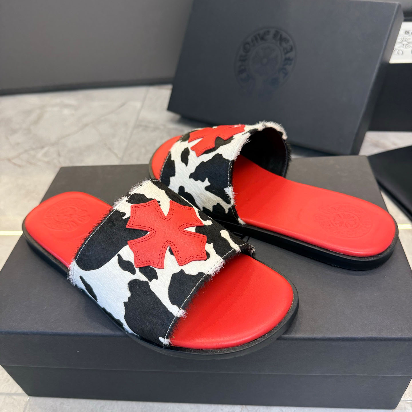 Chrome Hearts Cross Patch Cow Slides - DopestKickz