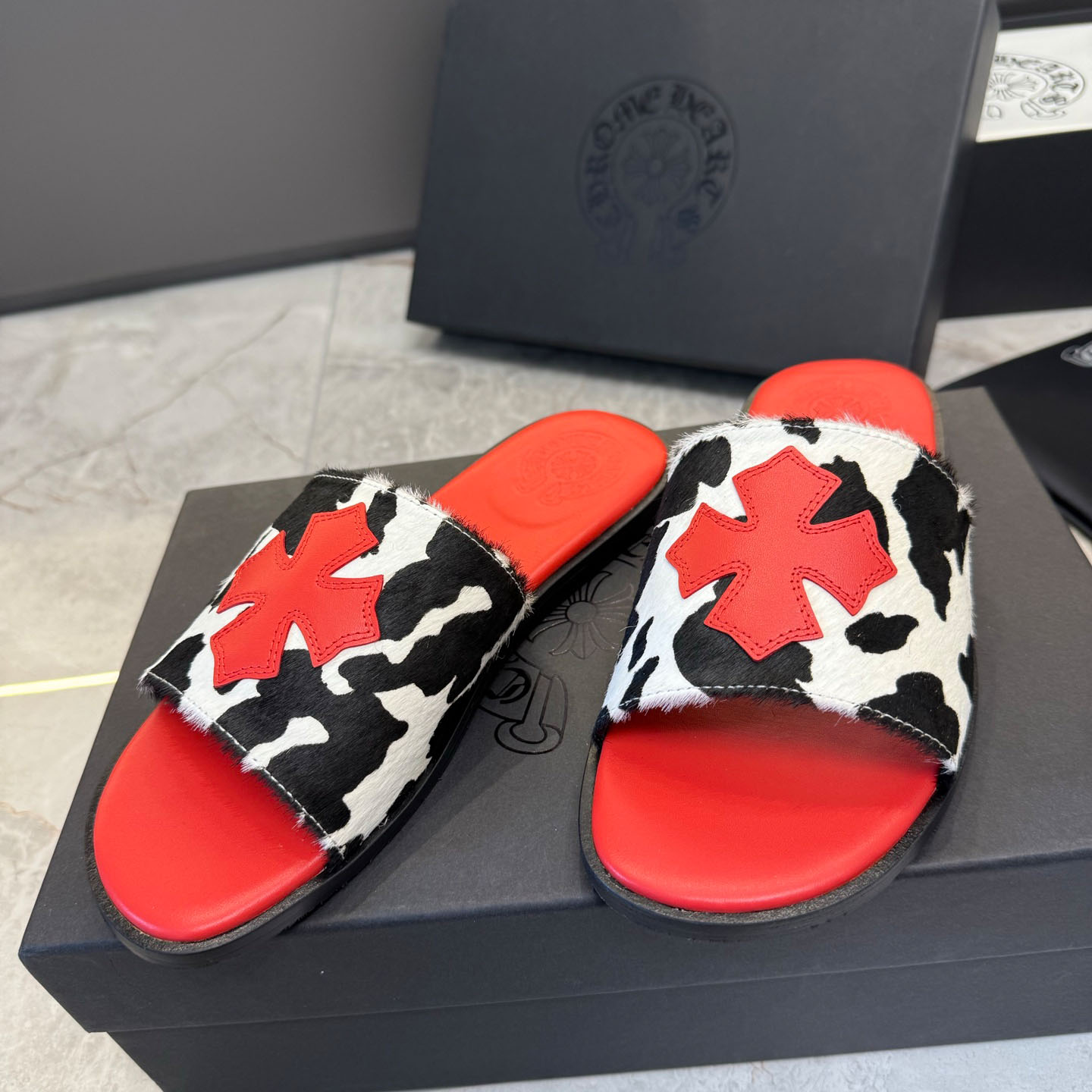 Chrome Hearts Cross Patch Cow Slides - DopestKickz