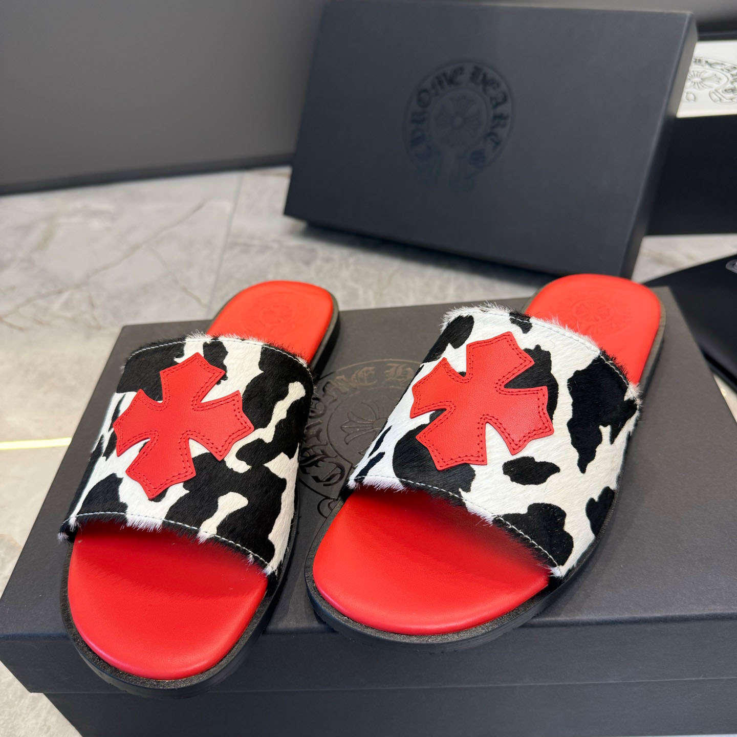 Chrome Hearts Cross Patch Cow Slides - DopestKickz