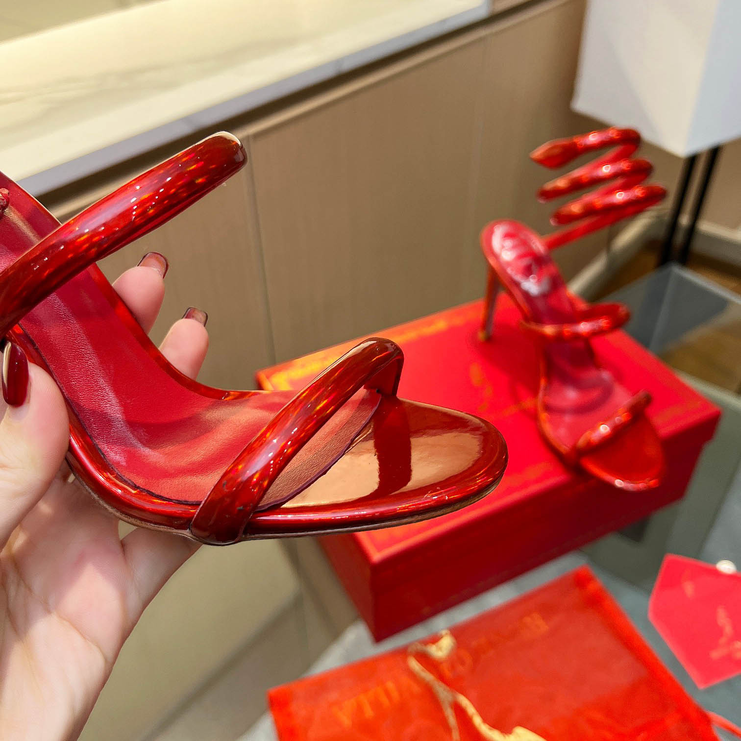 Rene Caovilla Metallic Red Leather Sandals - DopestKickz