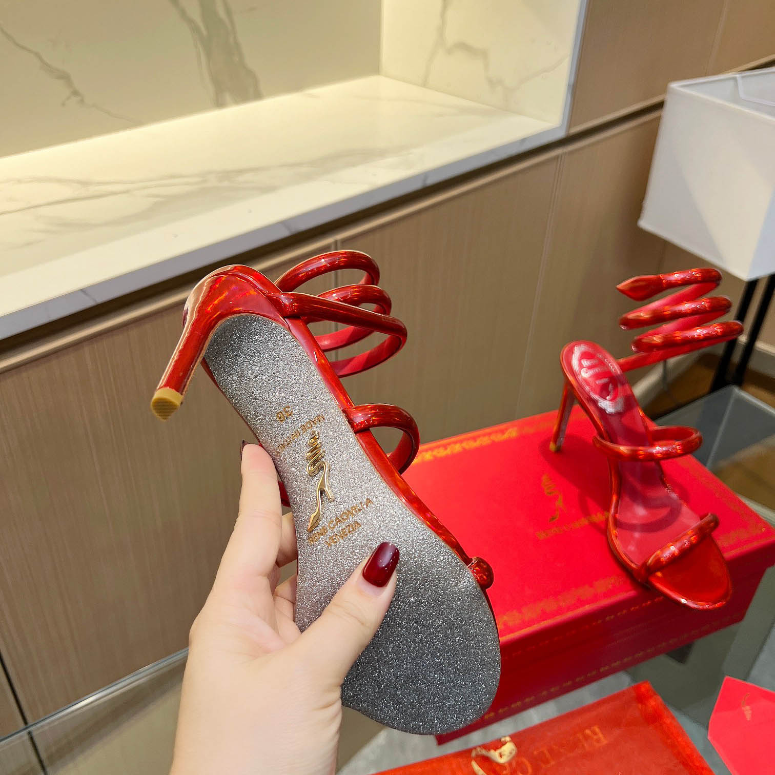 Rene Caovilla Metallic Red Leather Sandals - DopestKickz