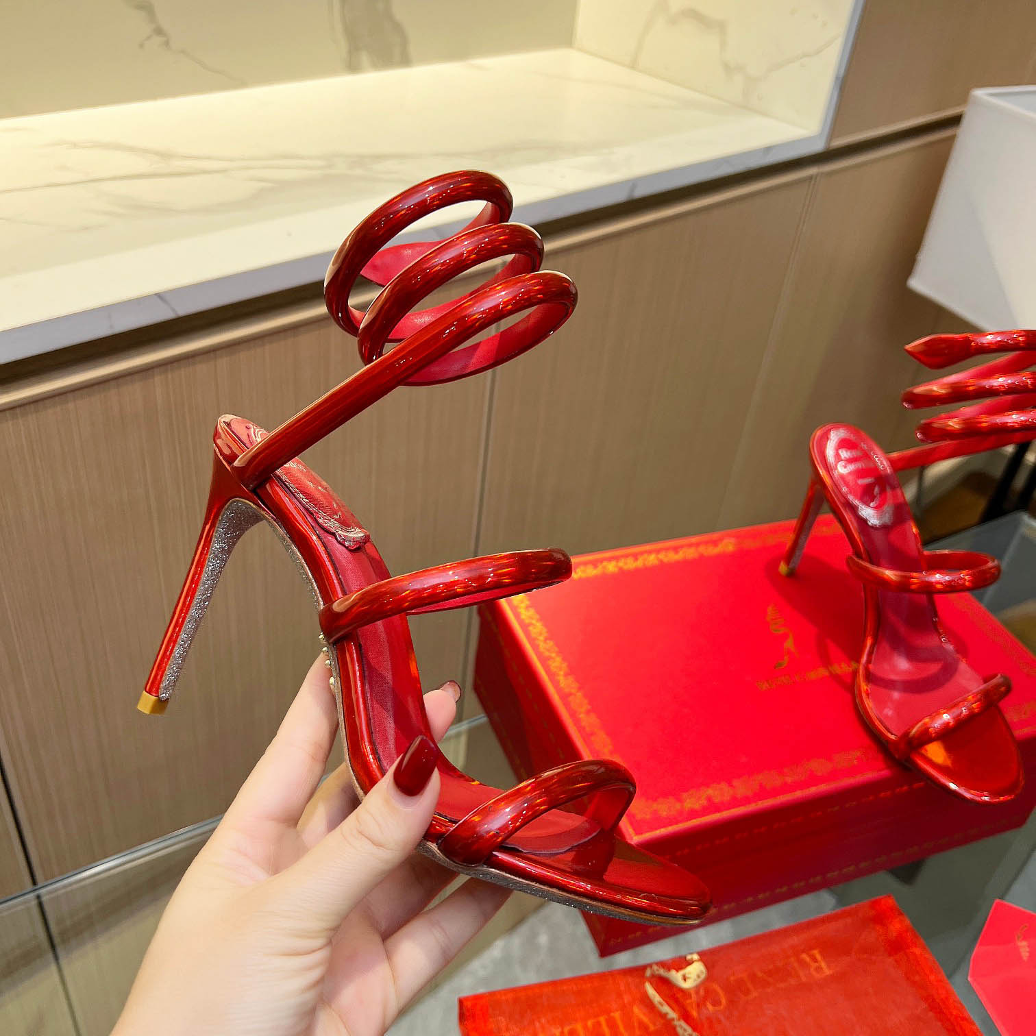 Rene Caovilla Metallic Red Leather Sandals - DopestKickz