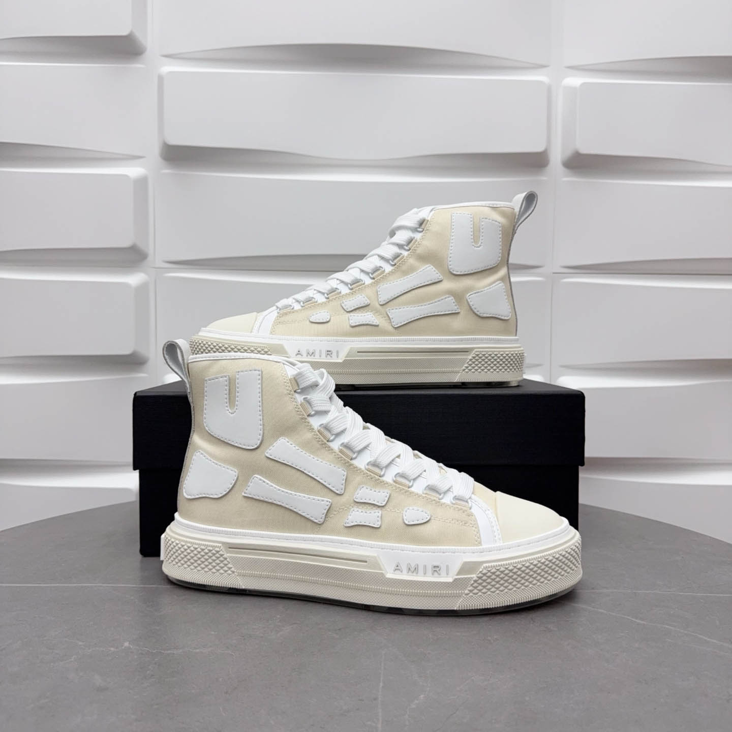 Amiri Beige & White Skel Court Hi Sneakers - DopestKickz