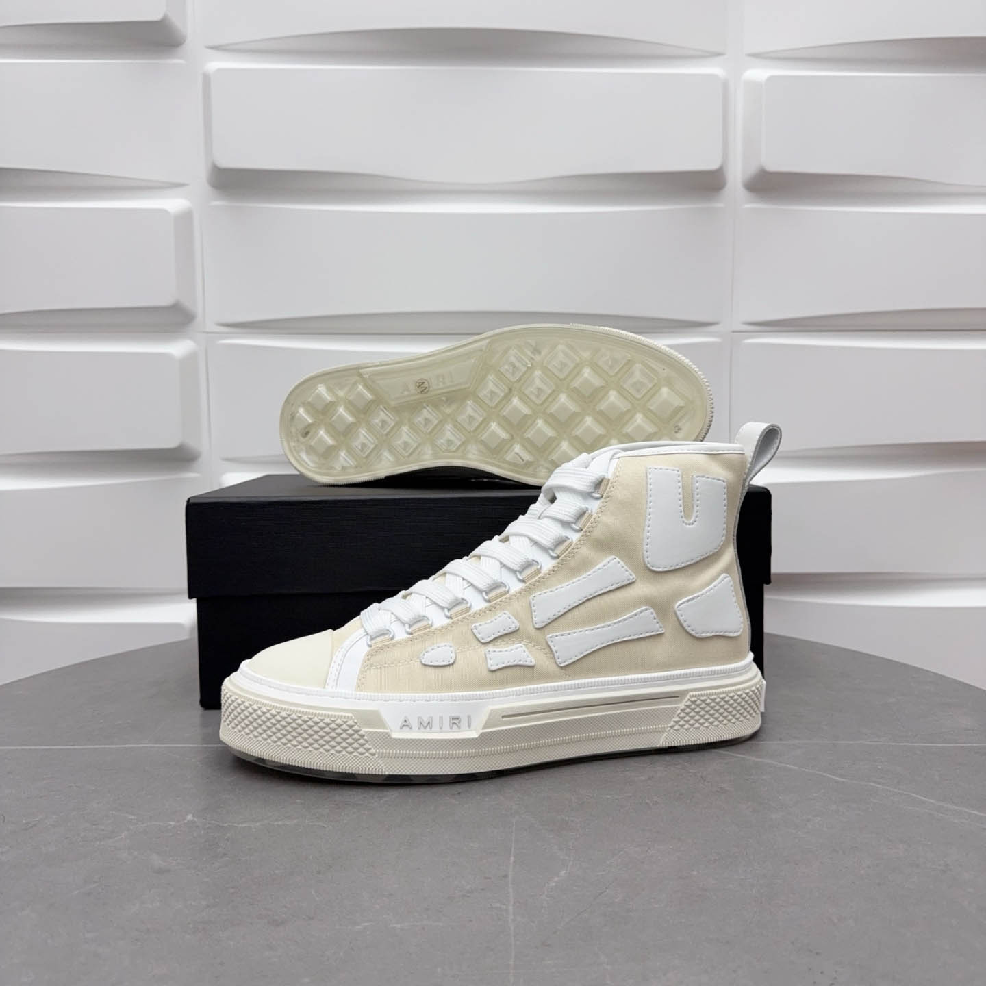 Amiri Beige & White Skel Court Hi Sneakers - DopestKickz
