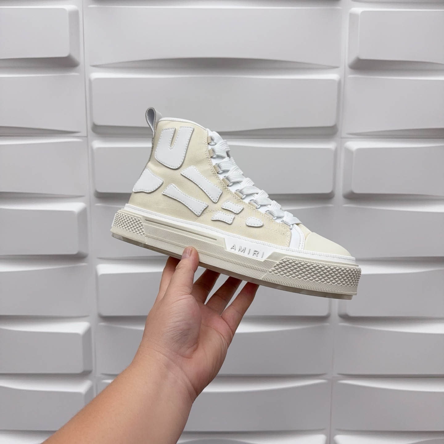 Amiri Beige & White Skel Court Hi Sneakers - DopestKickz