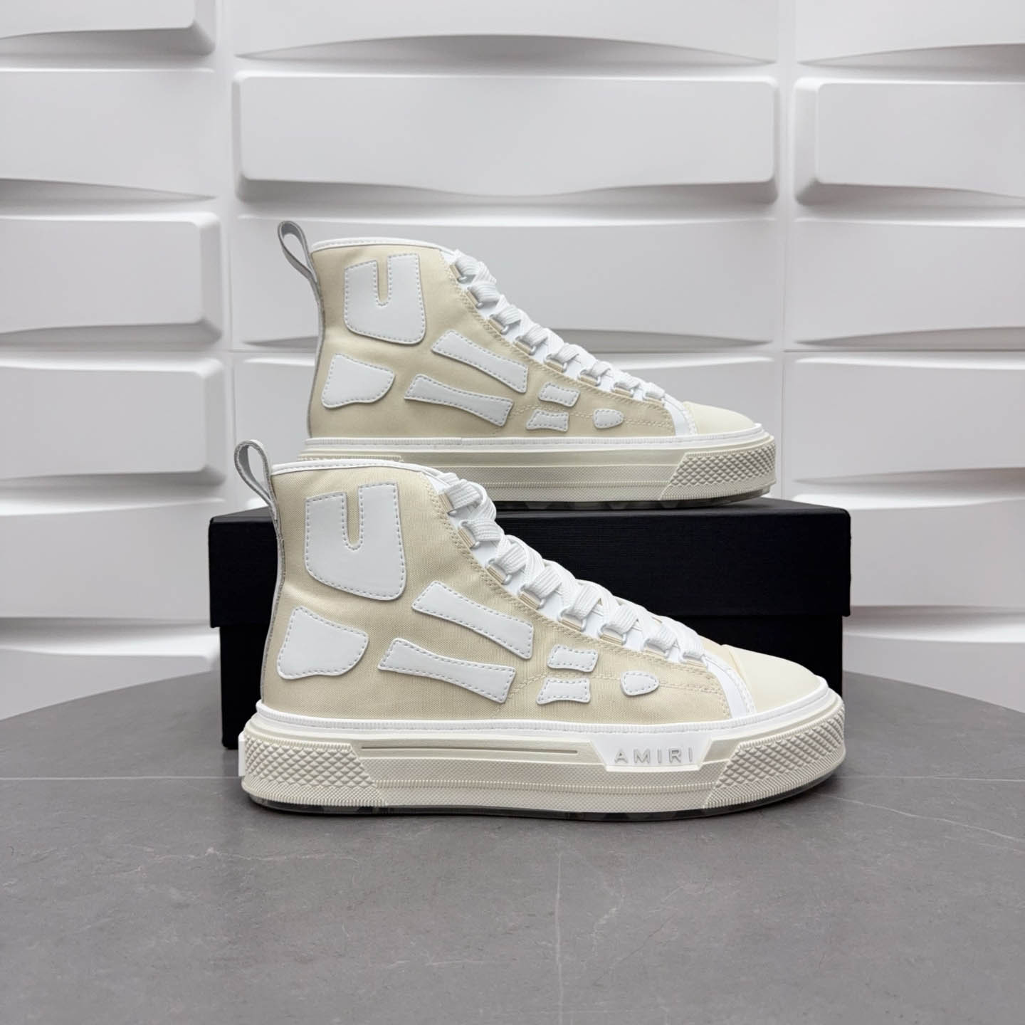 Amiri Beige & White Skel Court Hi Sneakers - DopestKickz