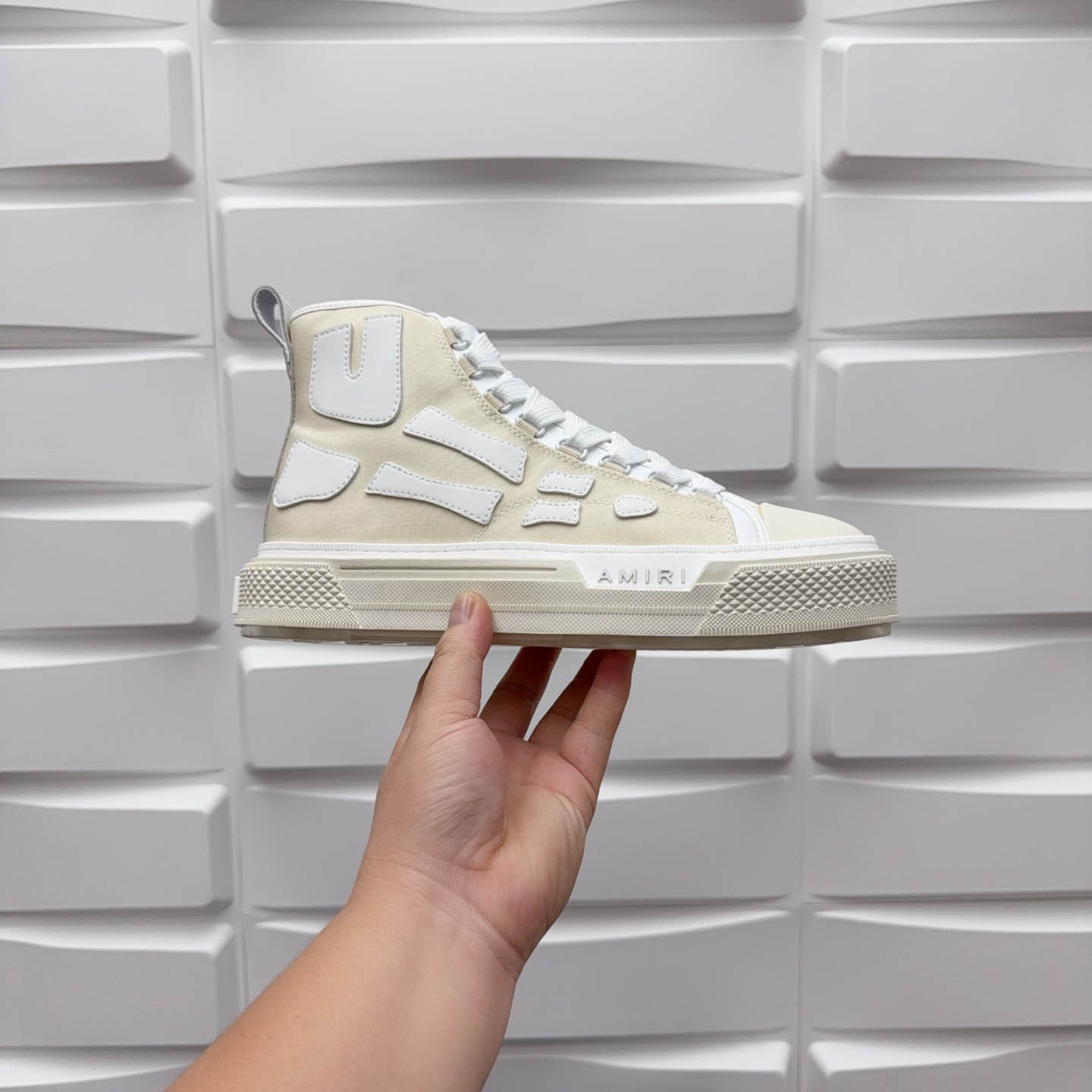 Amiri Beige & White Skel Court Hi Sneakers - DopestKickz