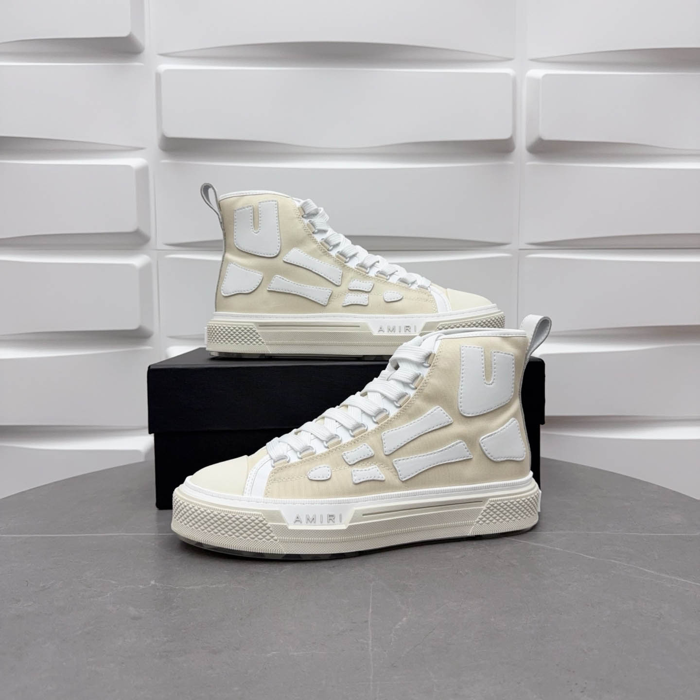 Amiri Beige & White Skel Court Hi Sneakers - DopestKickz