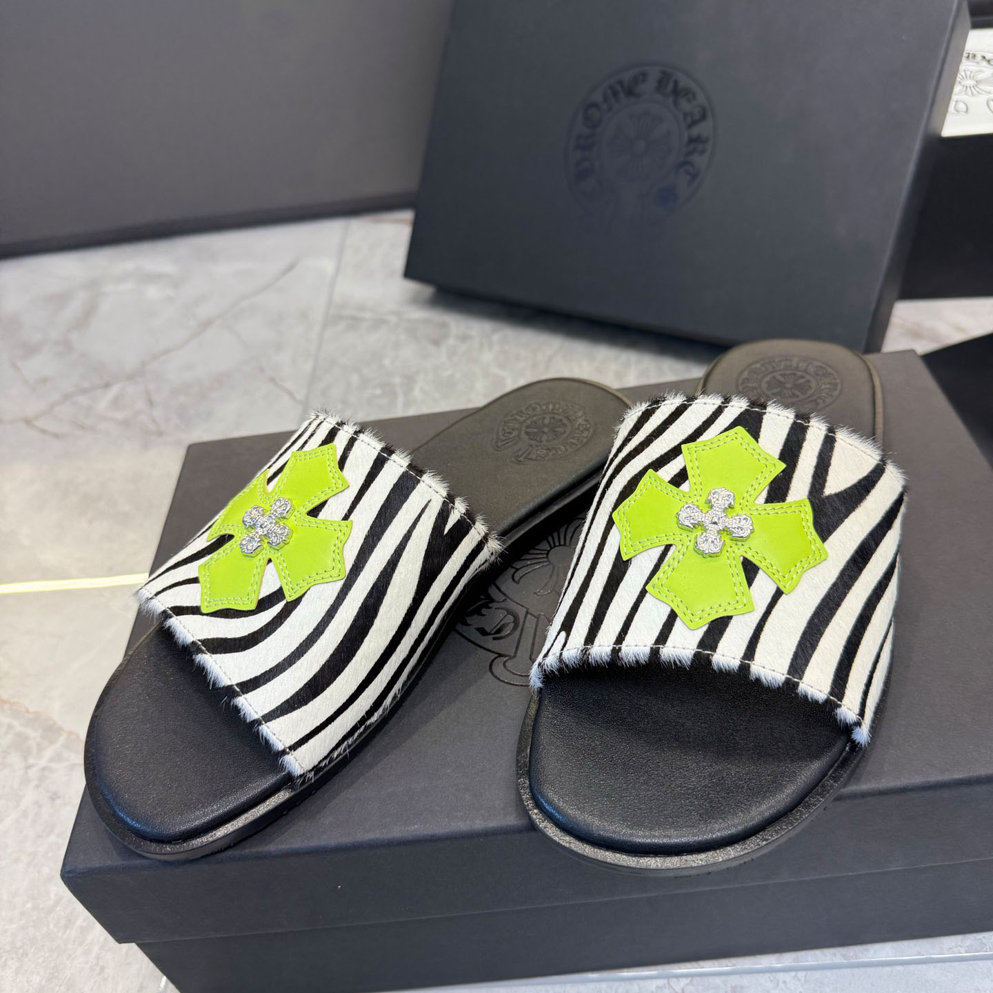 Chrome Hearts Cowhide Leather Slide Silver Accent  - DopestKickz