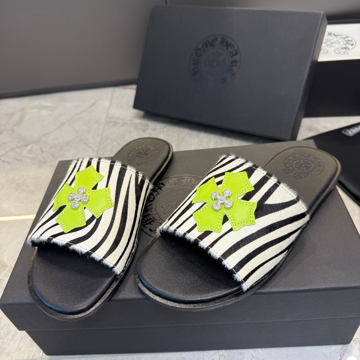 Chrome Hearts Cowhide Leather Slide Silver Accent  - DopestKickz