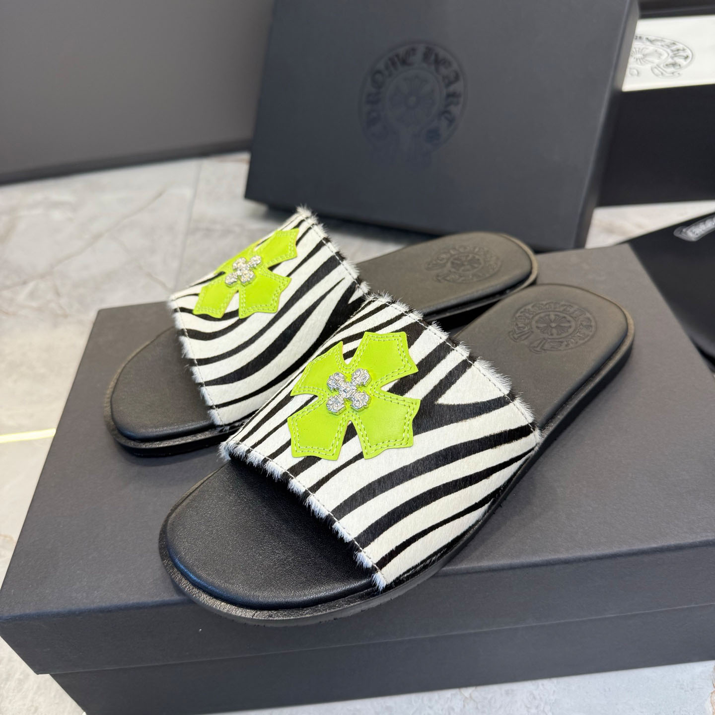 Chrome Hearts Cowhide Leather Slide Silver Accent  - DopestKickz