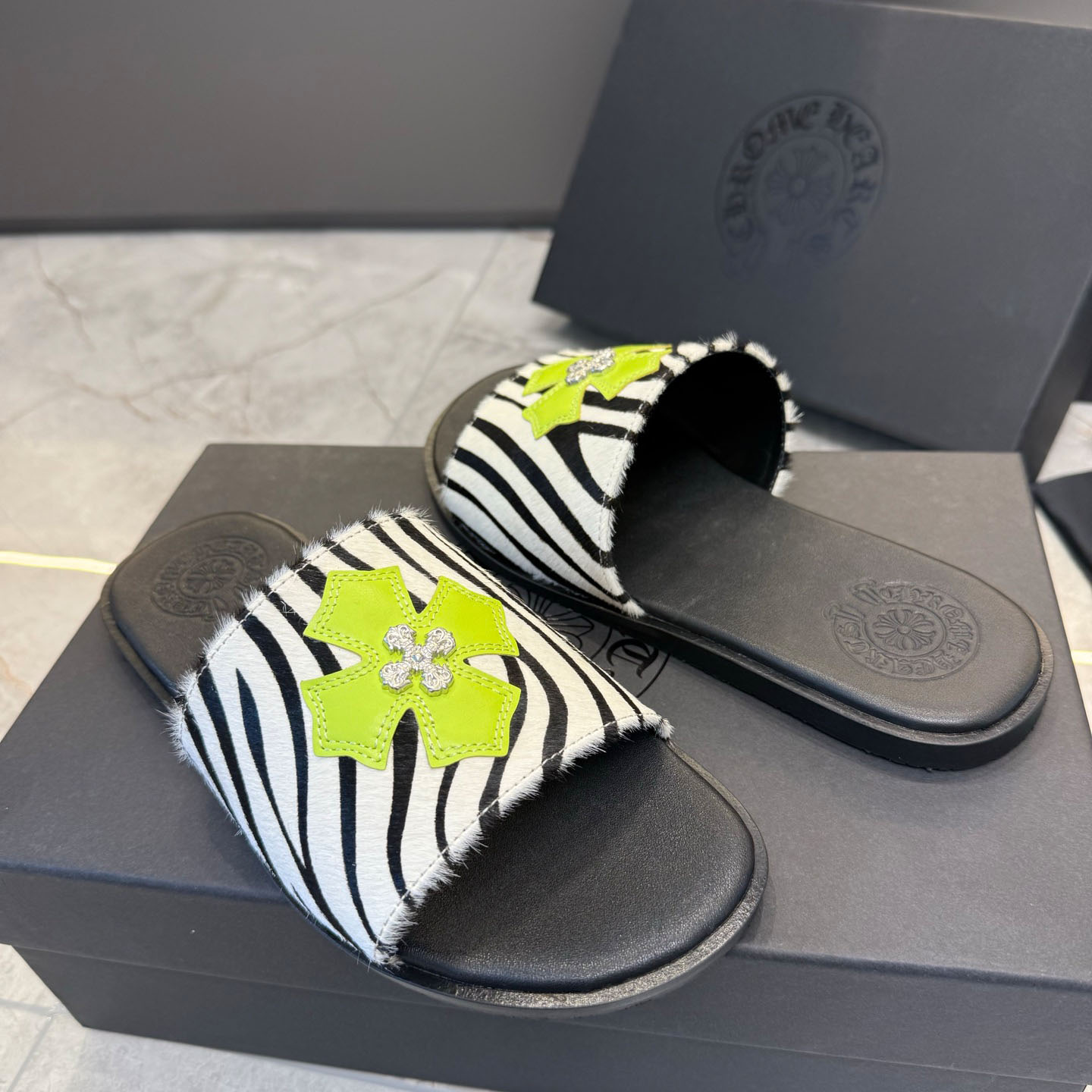 Chrome Hearts Cowhide Leather Slide Silver Accent  - DopestKickz