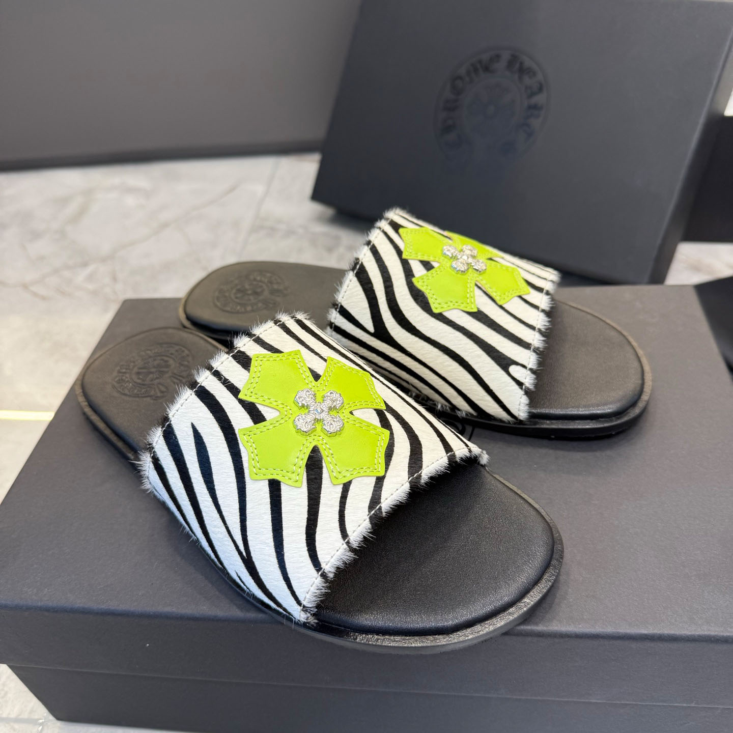 Chrome Hearts Cowhide Leather Slide Silver Accent  - DopestKickz