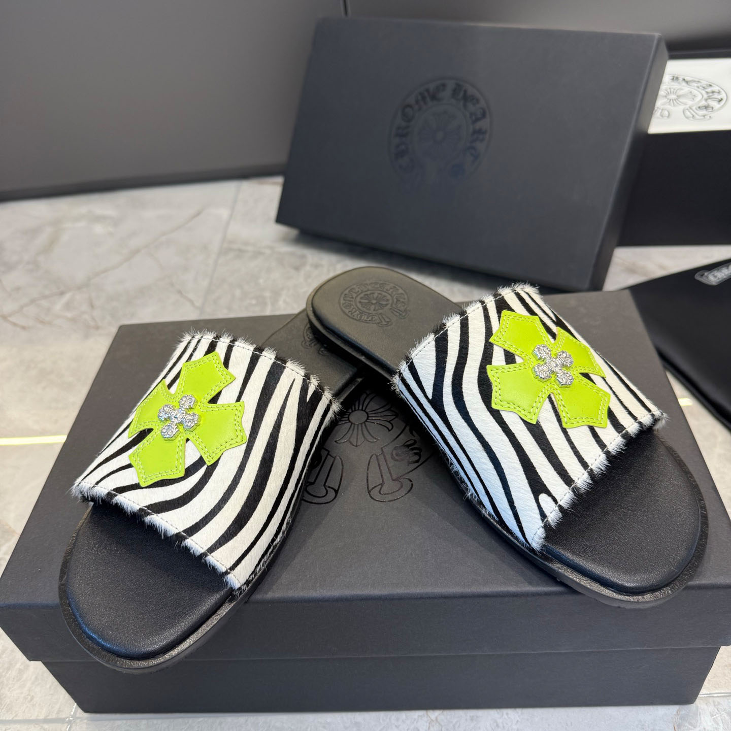 Chrome Hearts Cowhide Leather Slide Silver Accent  - DopestKickz