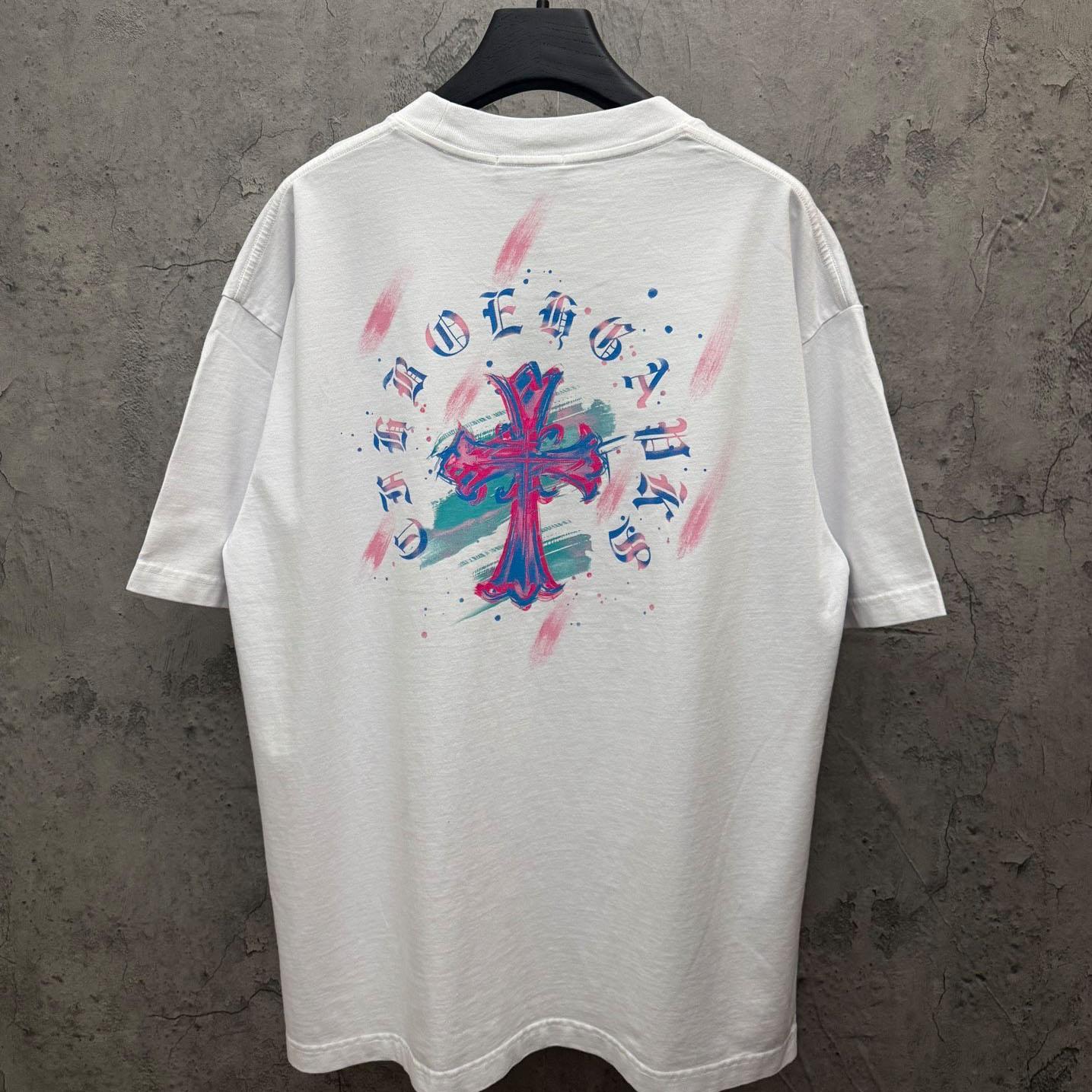 Chrome Hearts Watercolor Graffiti Cross Print Crew Neck T-Shirt - DopestKickz