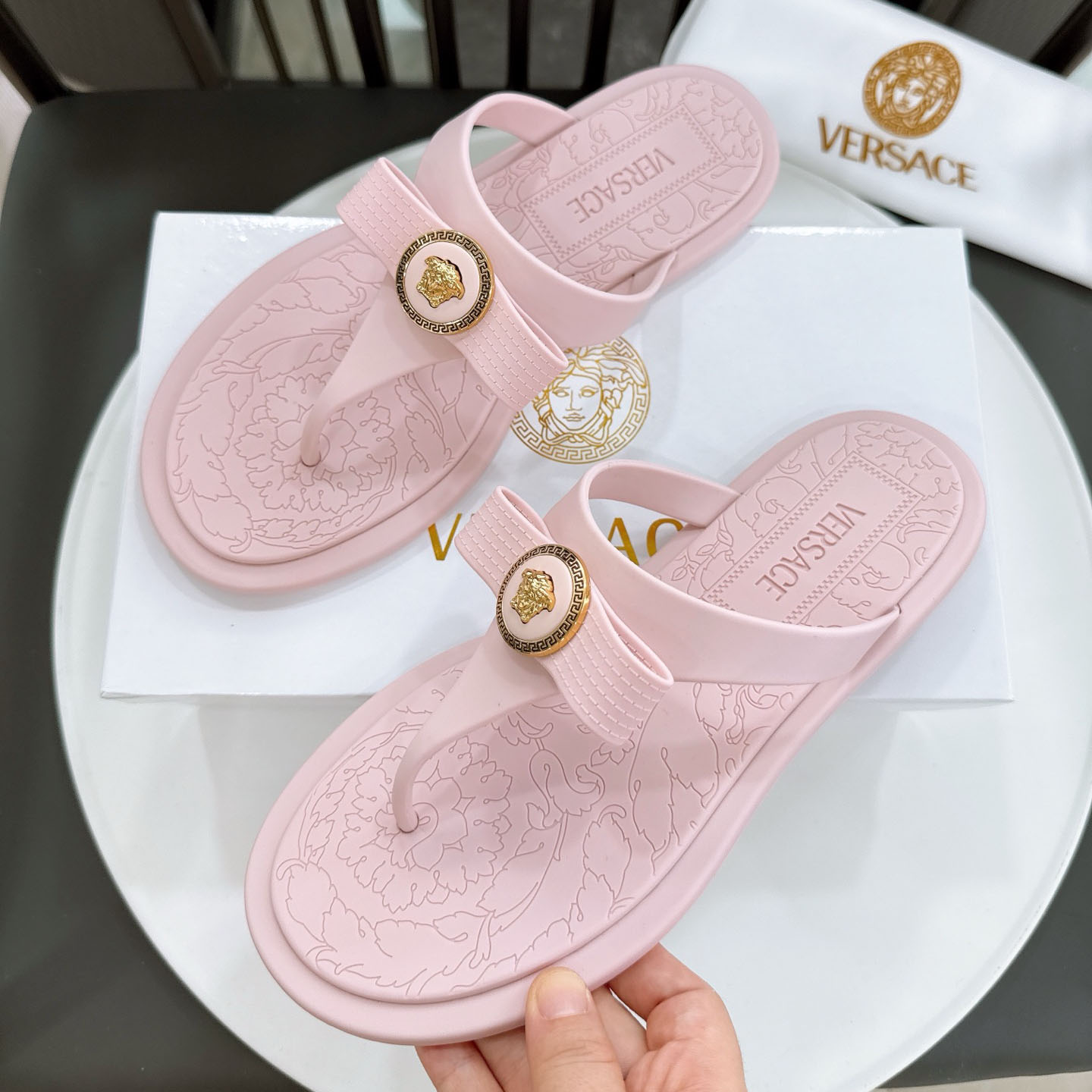 Versace Alia Medusa Embellished Slippers - DopestKickz