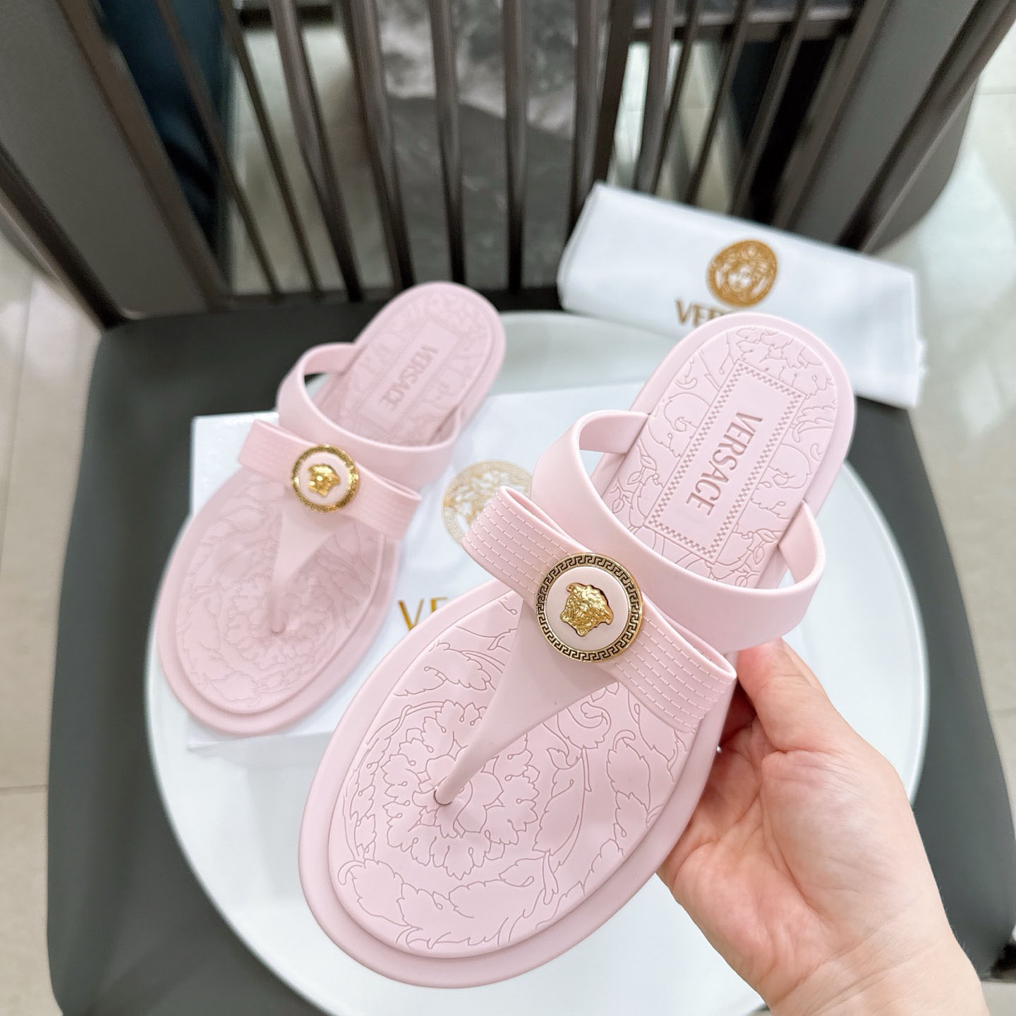 Versace Alia Medusa Embellished Slippers - DopestKickz