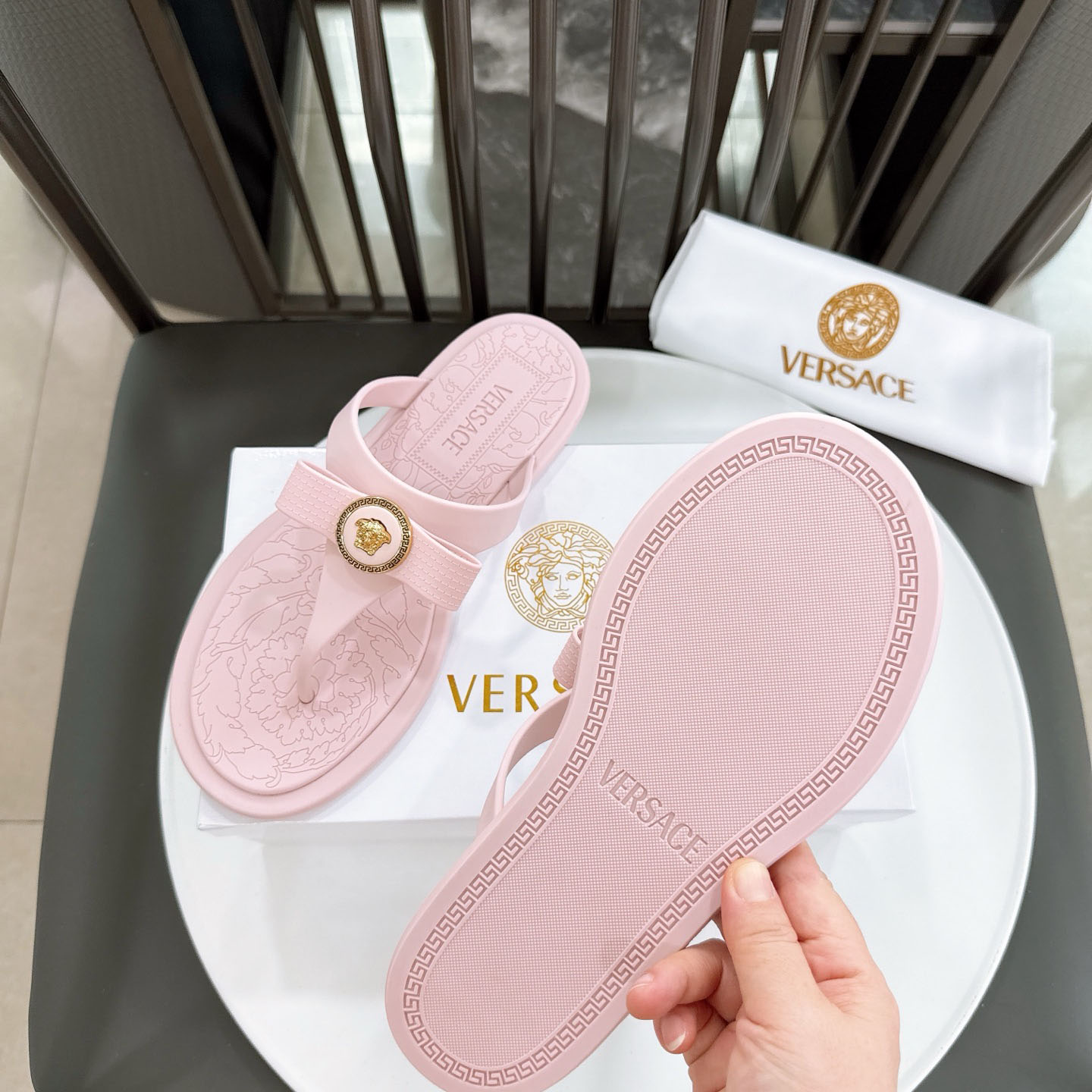 Versace Alia Medusa Embellished Slippers - DopestKickz