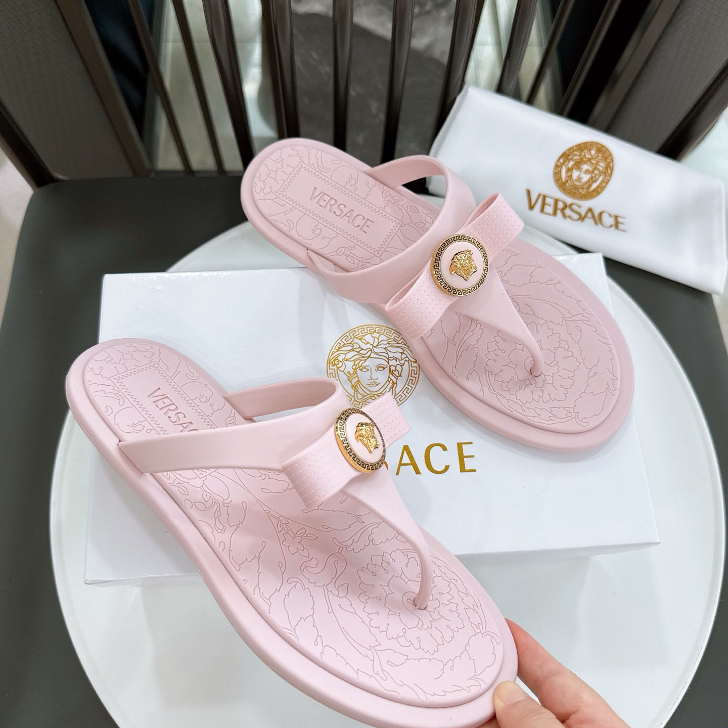 Versace Alia Medusa Embellished Slippers - DopestKickz