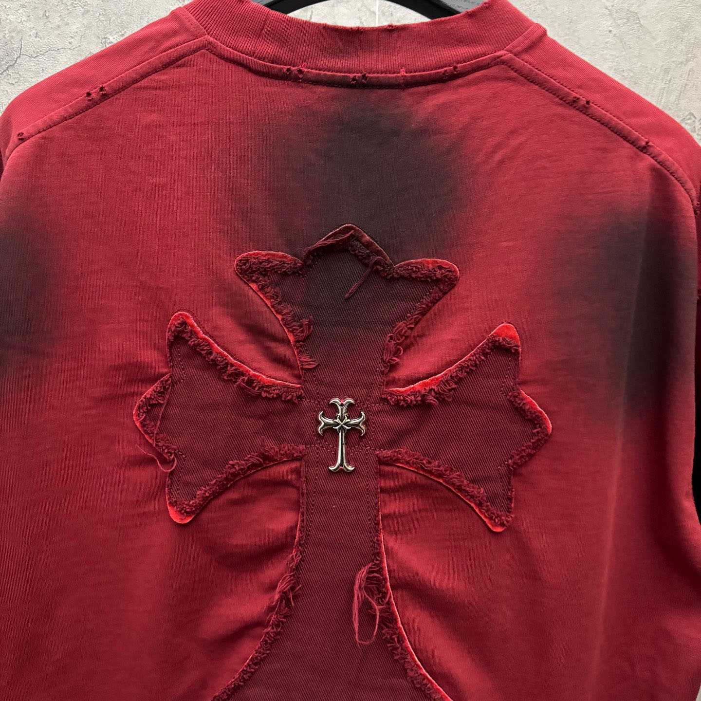 Chrome Hearts Red Hand-Embroidered Distressed Cross  Crewneck Tee - DopestKickz