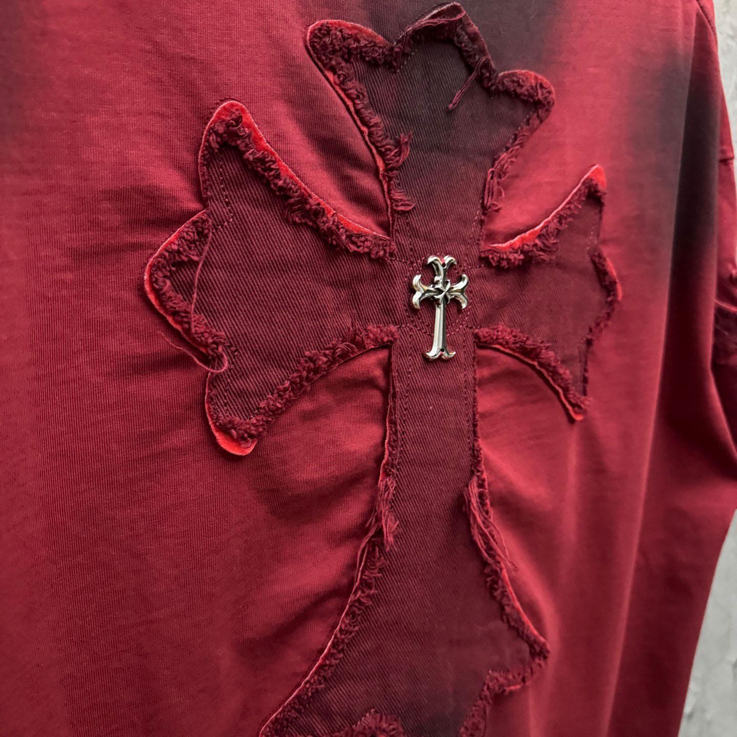 Chrome Hearts Red Hand-Embroidered Distressed Cross  Crewneck Tee - DopestKickz
