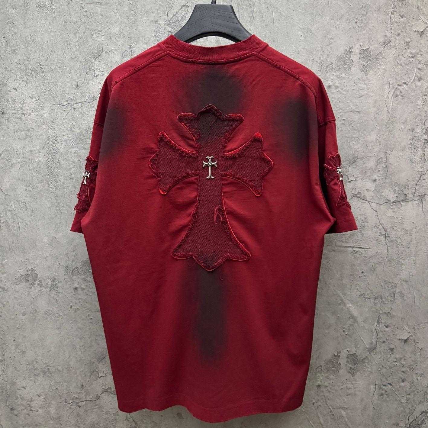 Chrome Hearts Red Hand-Embroidered Distressed Cross  Crewneck Tee - DopestKickz