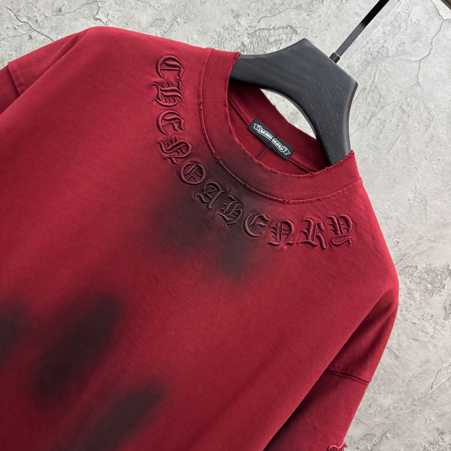Chrome Hearts Red Hand-Embroidered Distressed Cross  Crewneck Tee - DopestKickz