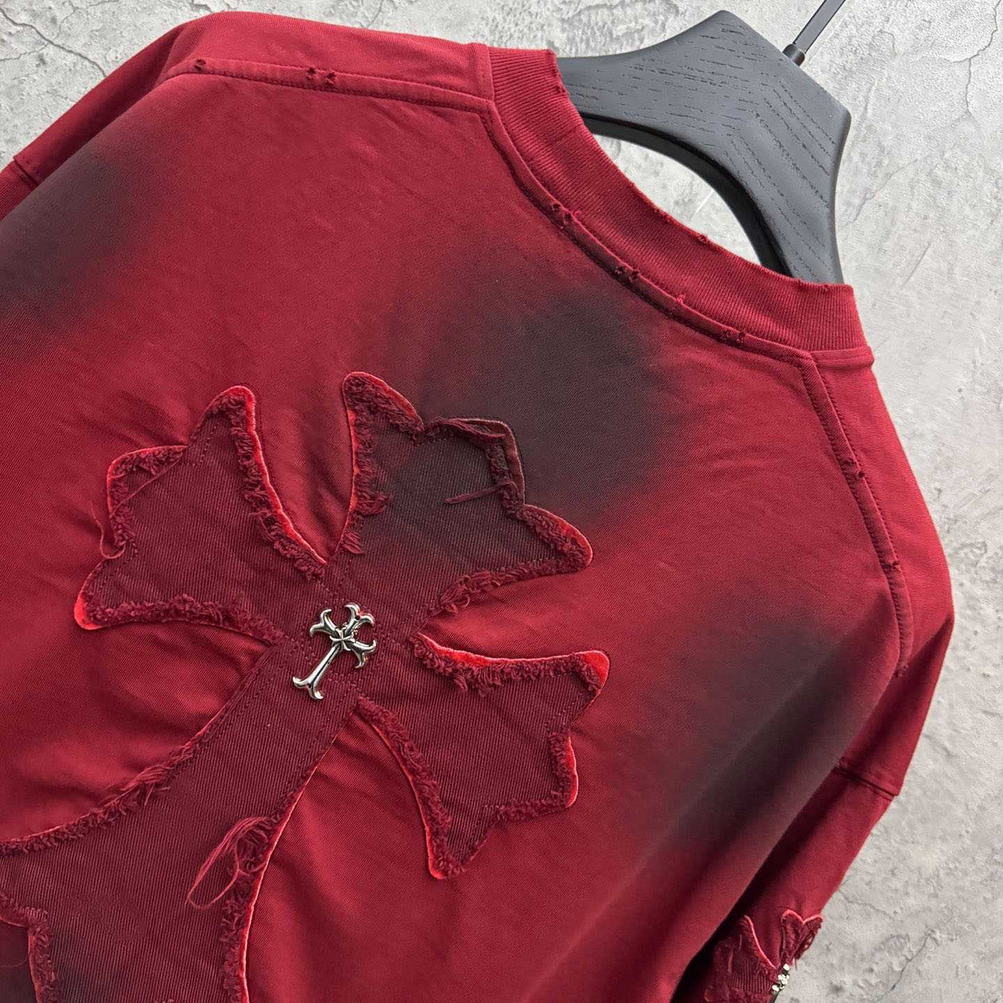 Chrome Hearts Red Hand-Embroidered Distressed Cross  Crewneck Tee - DopestKickz
