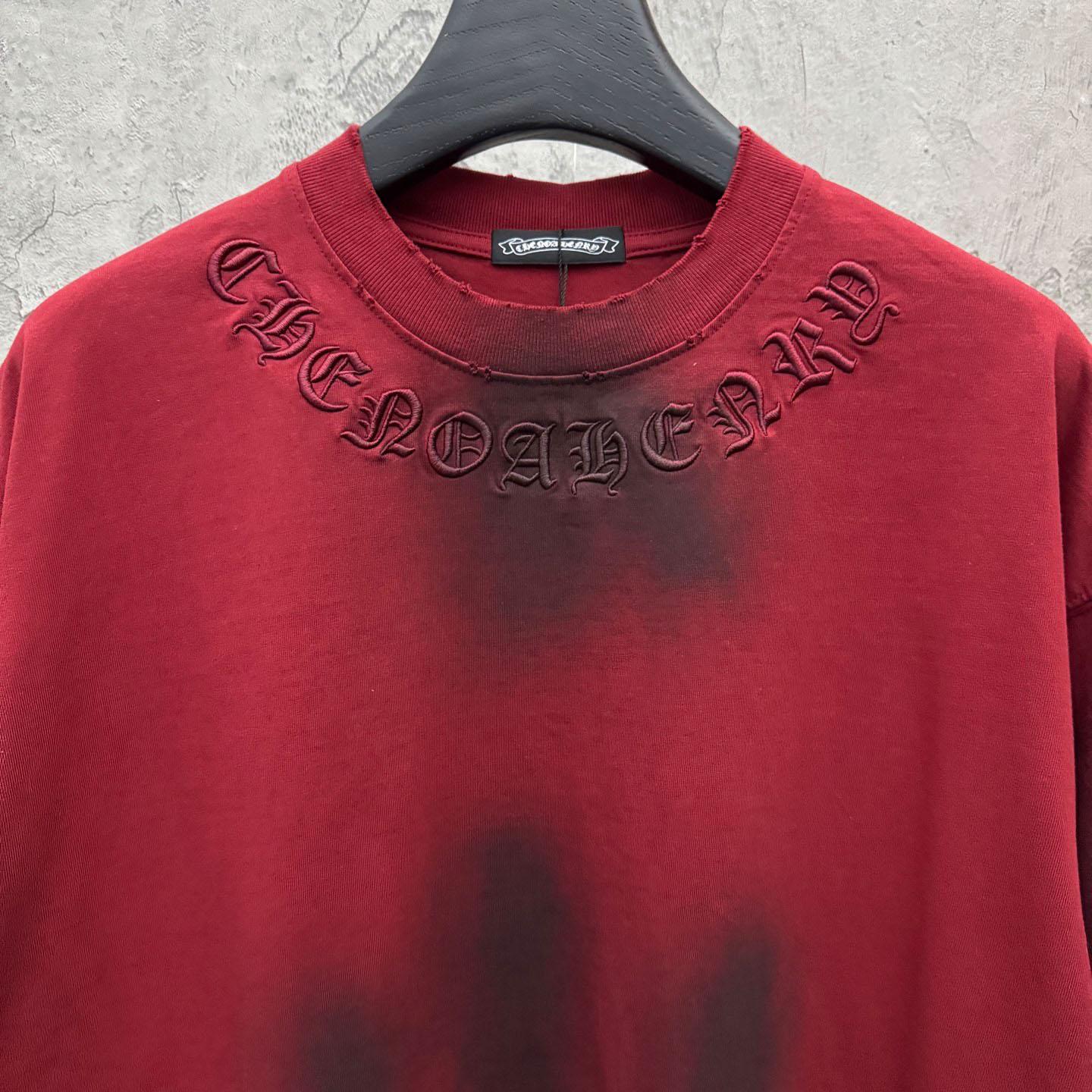 Chrome Hearts Red Hand-Embroidered Distressed Cross  Crewneck Tee - DopestKickz