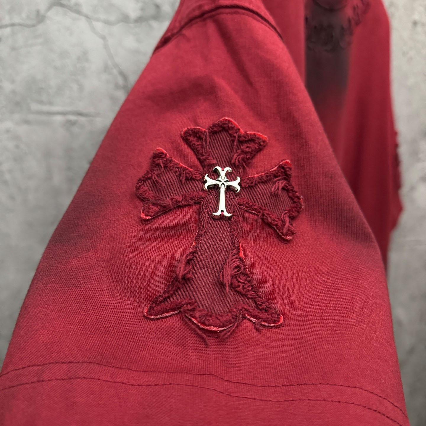 Chrome Hearts Red Hand-Embroidered Distressed Cross  Crewneck Tee - DopestKickz
