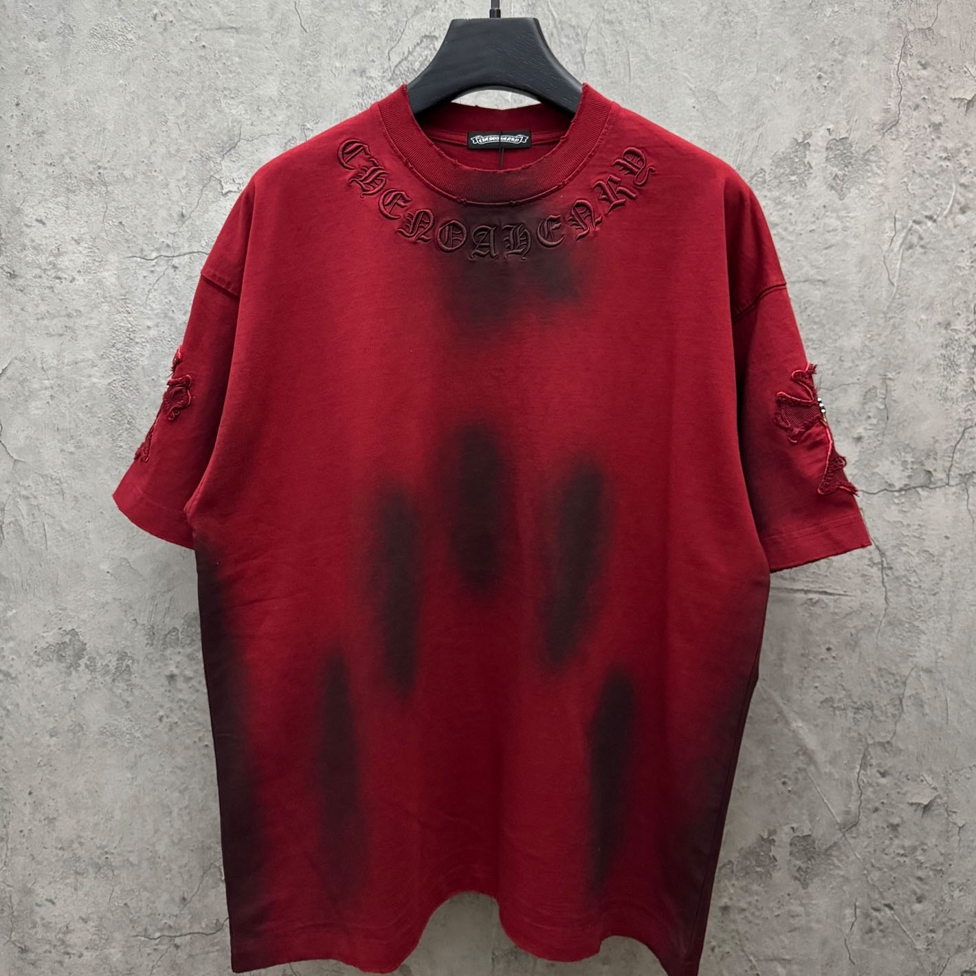Chrome Hearts Red Hand-Embroidered Distressed Cross  Crewneck Tee - DopestKickz