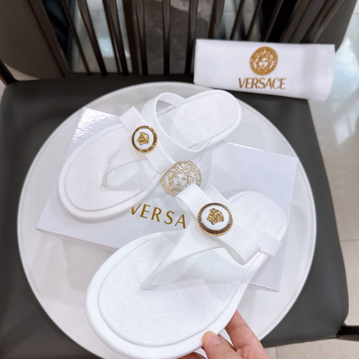 Versace Alia Medusa Embellished Slippers - DopestKickz