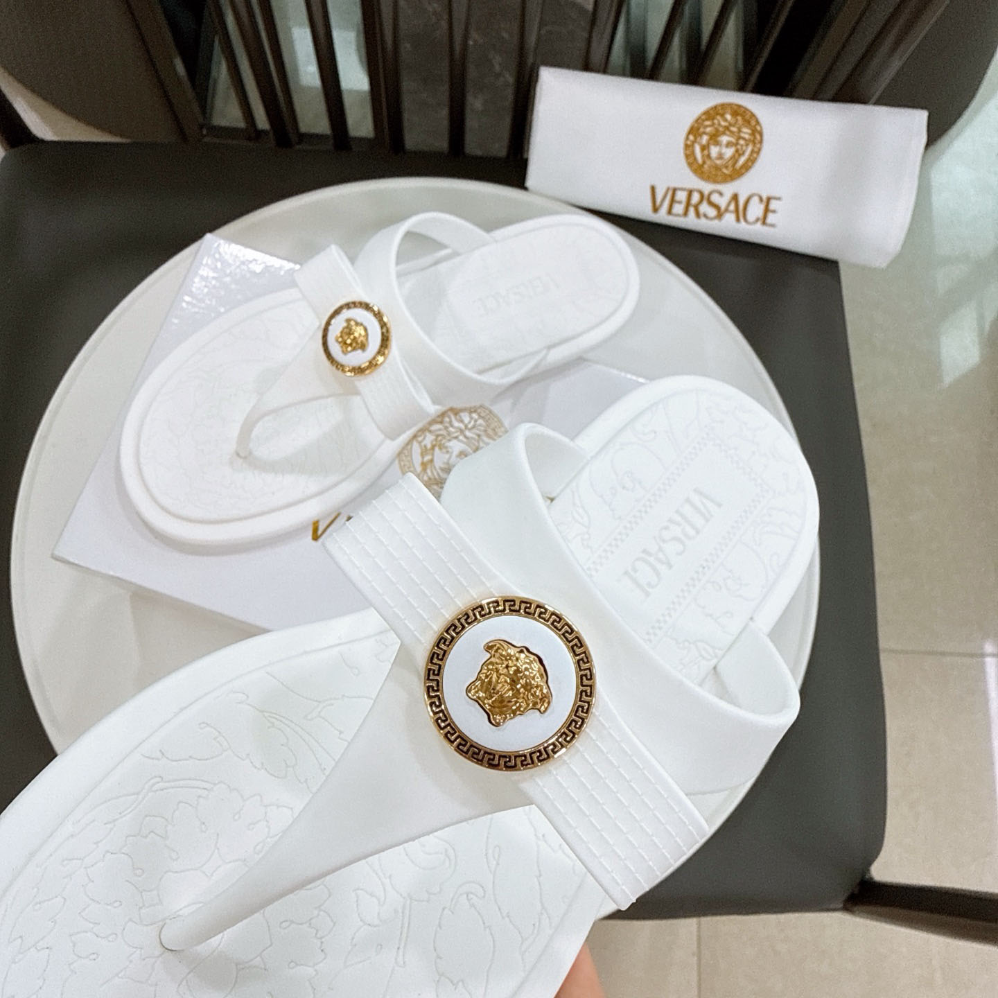 Versace Alia Medusa Embellished Slippers - DopestKickz