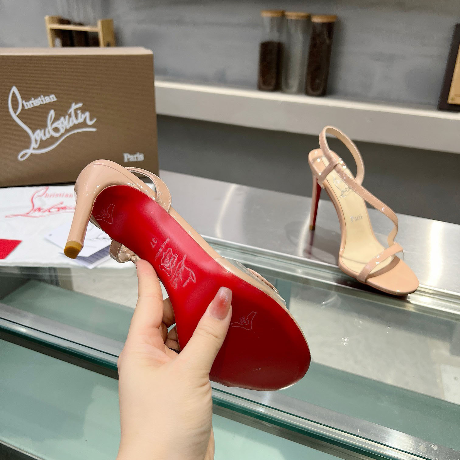 Christian Louboutin Rosa Z  100 mm Sandals  Patent Calf Leather - Blush - DopestKickz