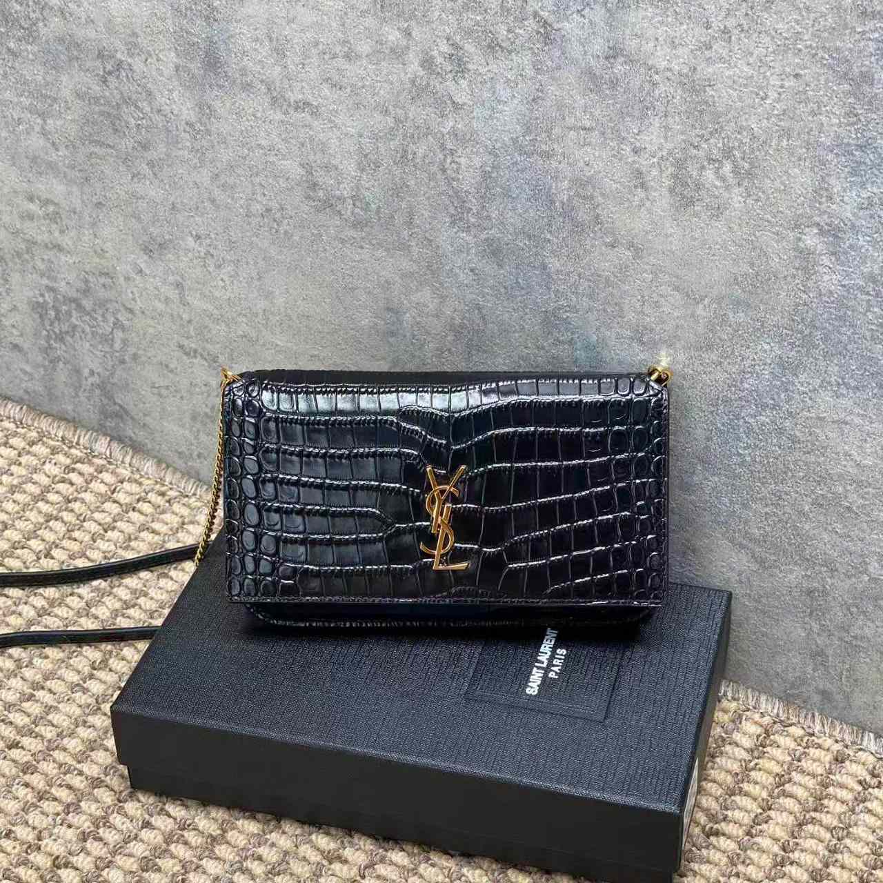 Saint Laurent CASSANDRE Phone Holder In SHINY Crocodile-Embossed Leather - DopestKickz