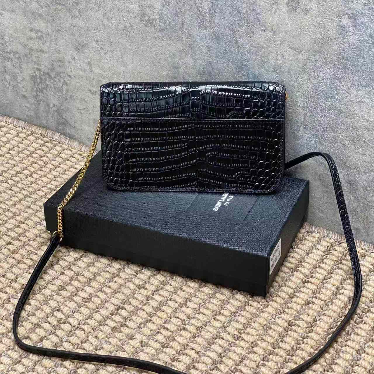 Saint Laurent CASSANDRE Phone Holder In SHINY Crocodile-Embossed Leather - DopestKickz