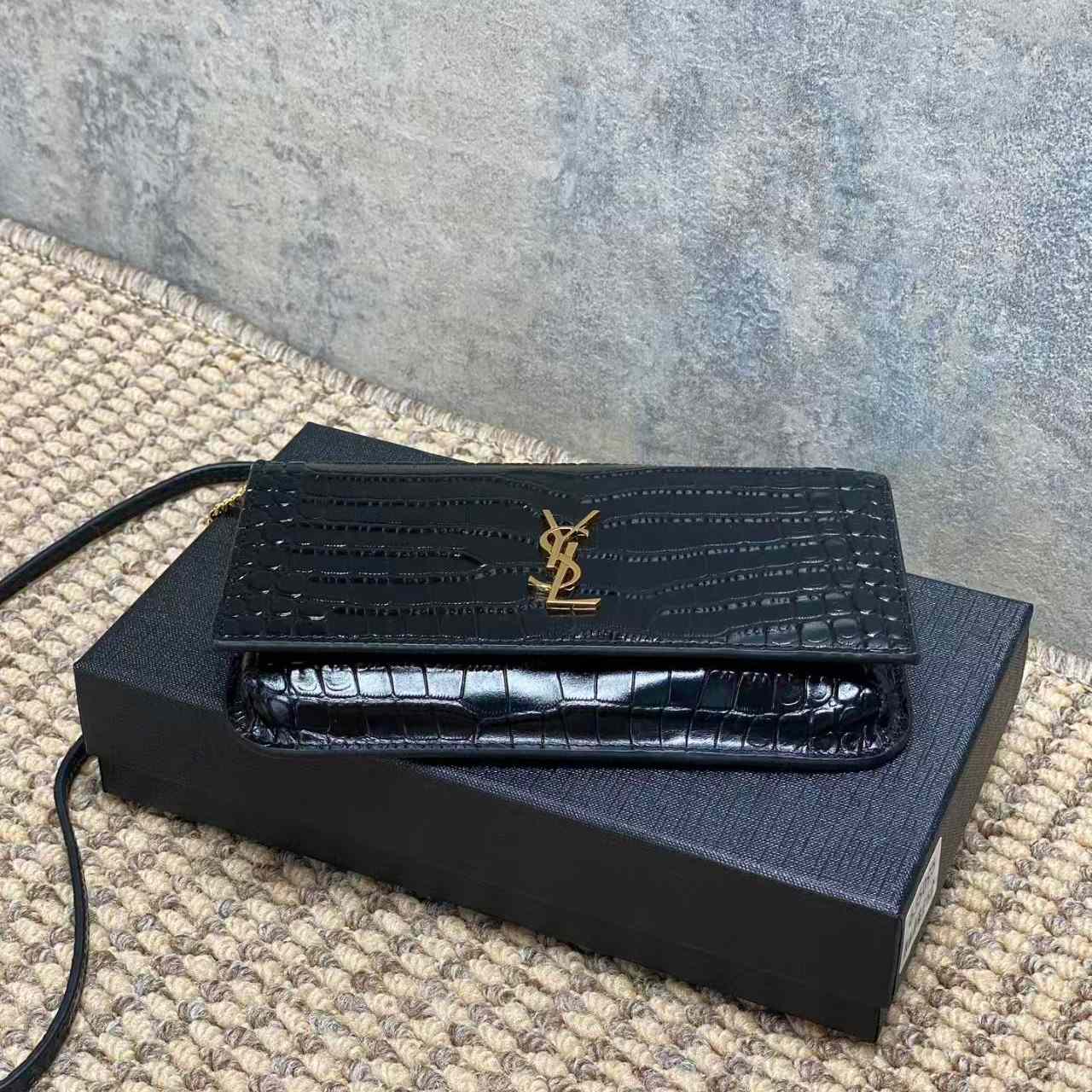 Saint Laurent CASSANDRE Phone Holder In SHINY Crocodile-Embossed Leather - DopestKickz